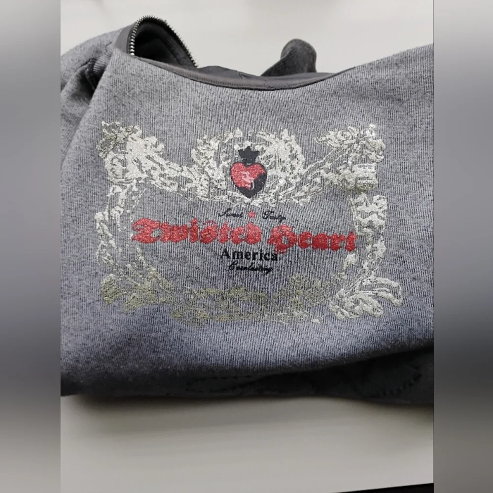 VINTAGE OOAK Dark Gray Velour Hoodie w/Rhinestones & Satin Details Size Small ❤️ - Picture 5 of 9